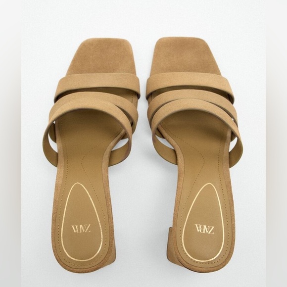 NWT. Zara Tan Split Suede Middle Heel Strappy Sandals. Size 9. - Picture 3 of 11